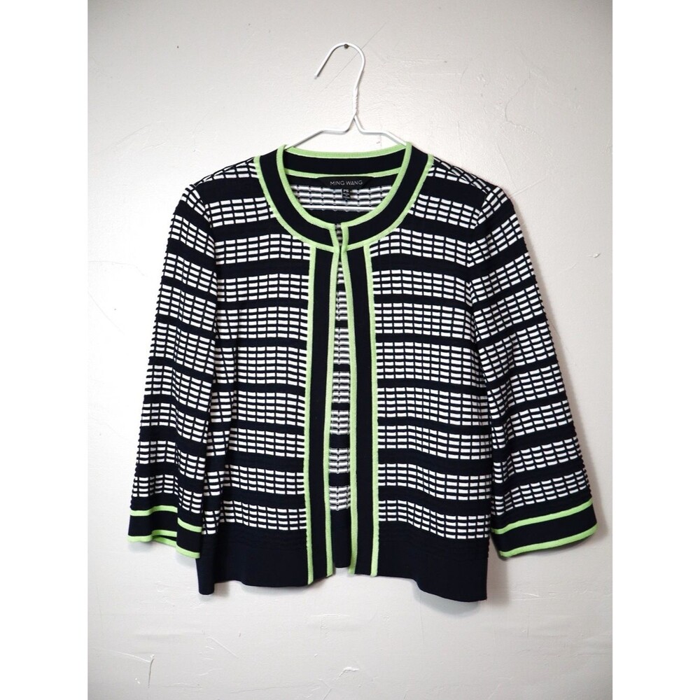 Ming Wang Black, White & Lime Green Patterned Cardigan Sweater Size Petite Small